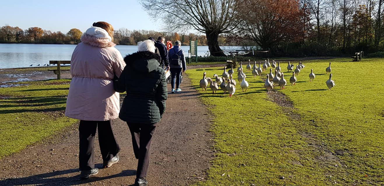 Residents from Heartlands Nursing Home walking around their local lake.