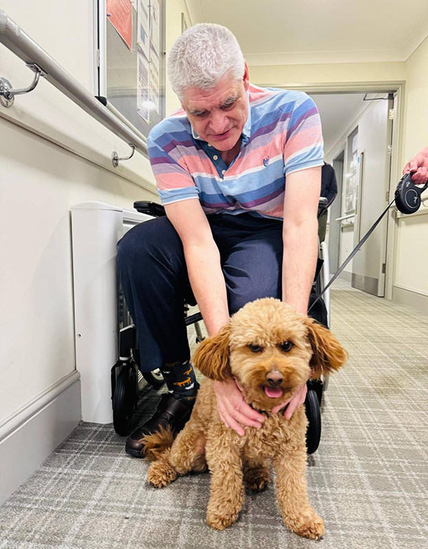 Male resident petting cockapoo dog